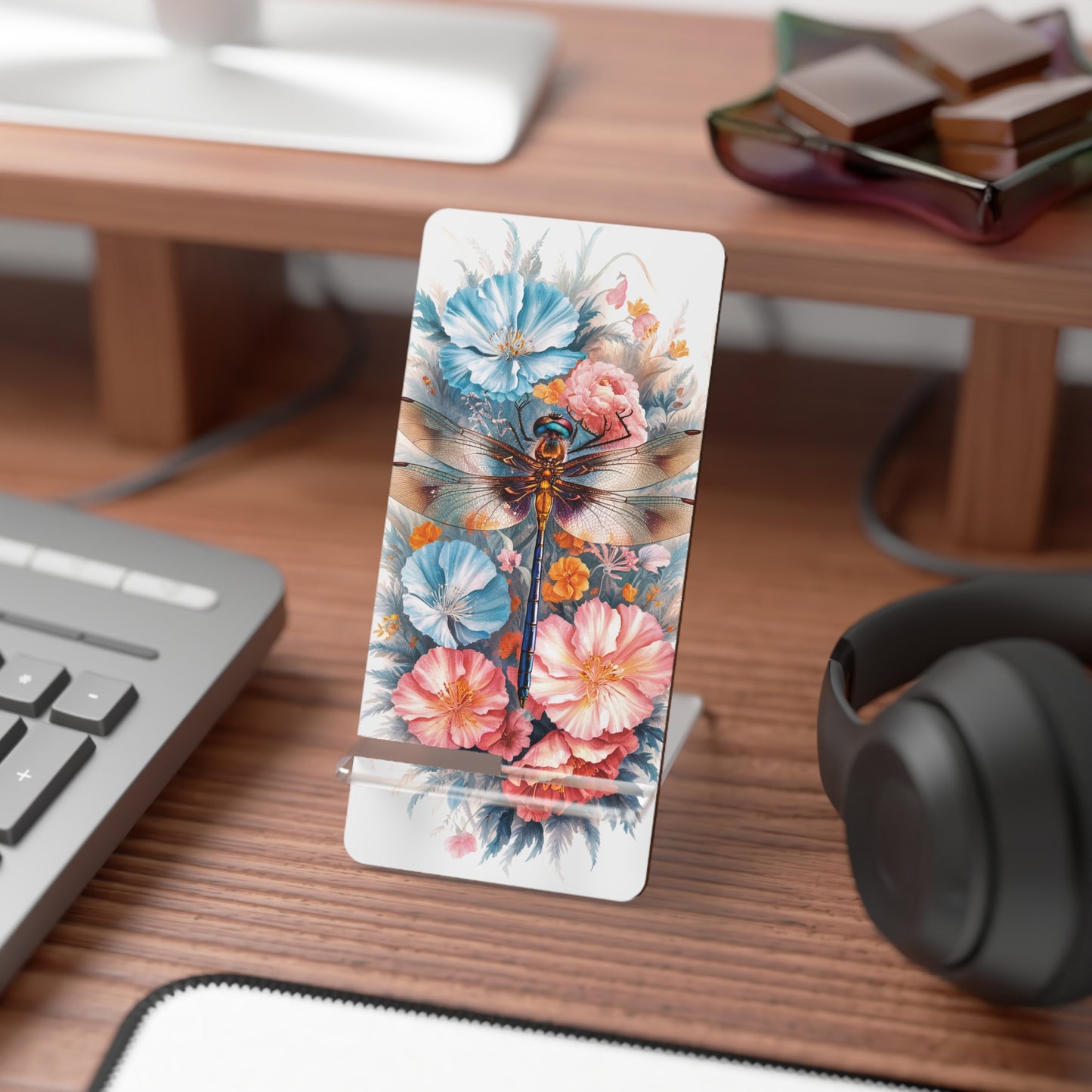 Serene Wings: Dragonfly Amidst Pastel Florals - Display Stand for Smartphones