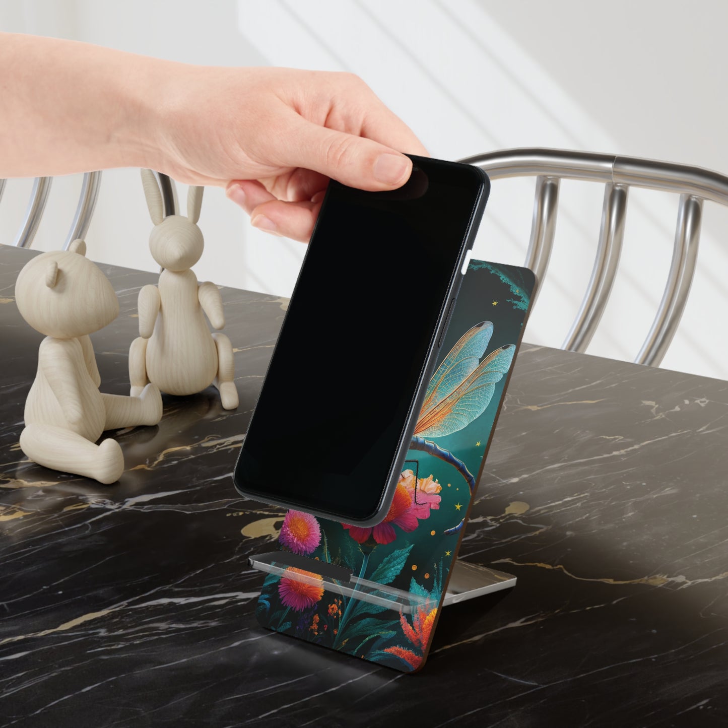 Moonlit Serenity: Dragonfly on a Flower - Display Stand for Smartphones