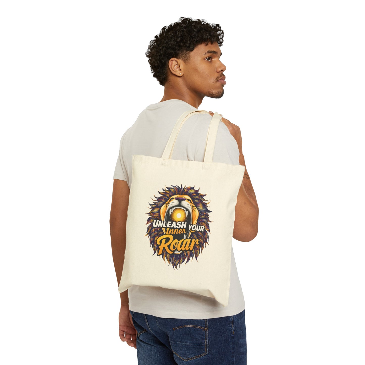 "Unleash your Inner Roar" Lion - Cotton Canvas Tote Bag, featuring a kaleidoscope of colors.