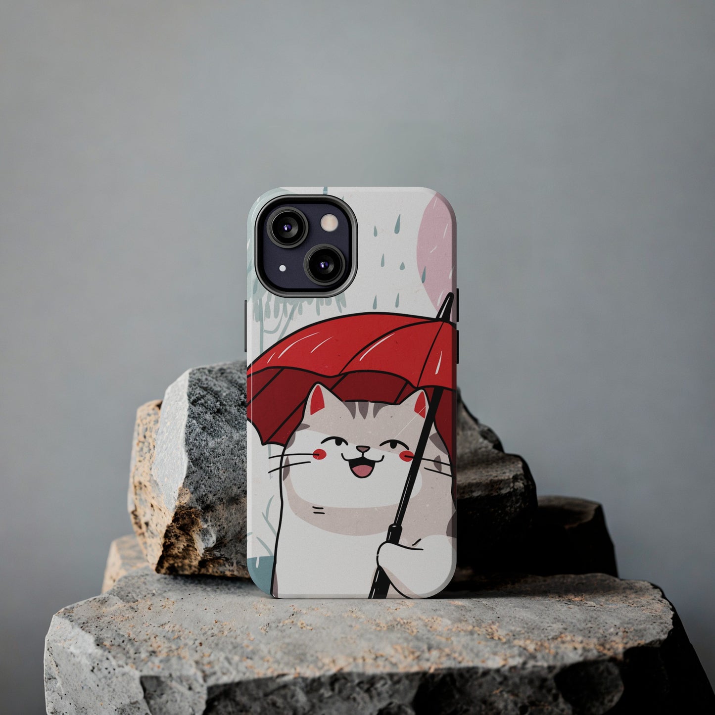 Rainy Day Whiskers: Cartoon Cat with Red Umbrella - Tough Phone Cases