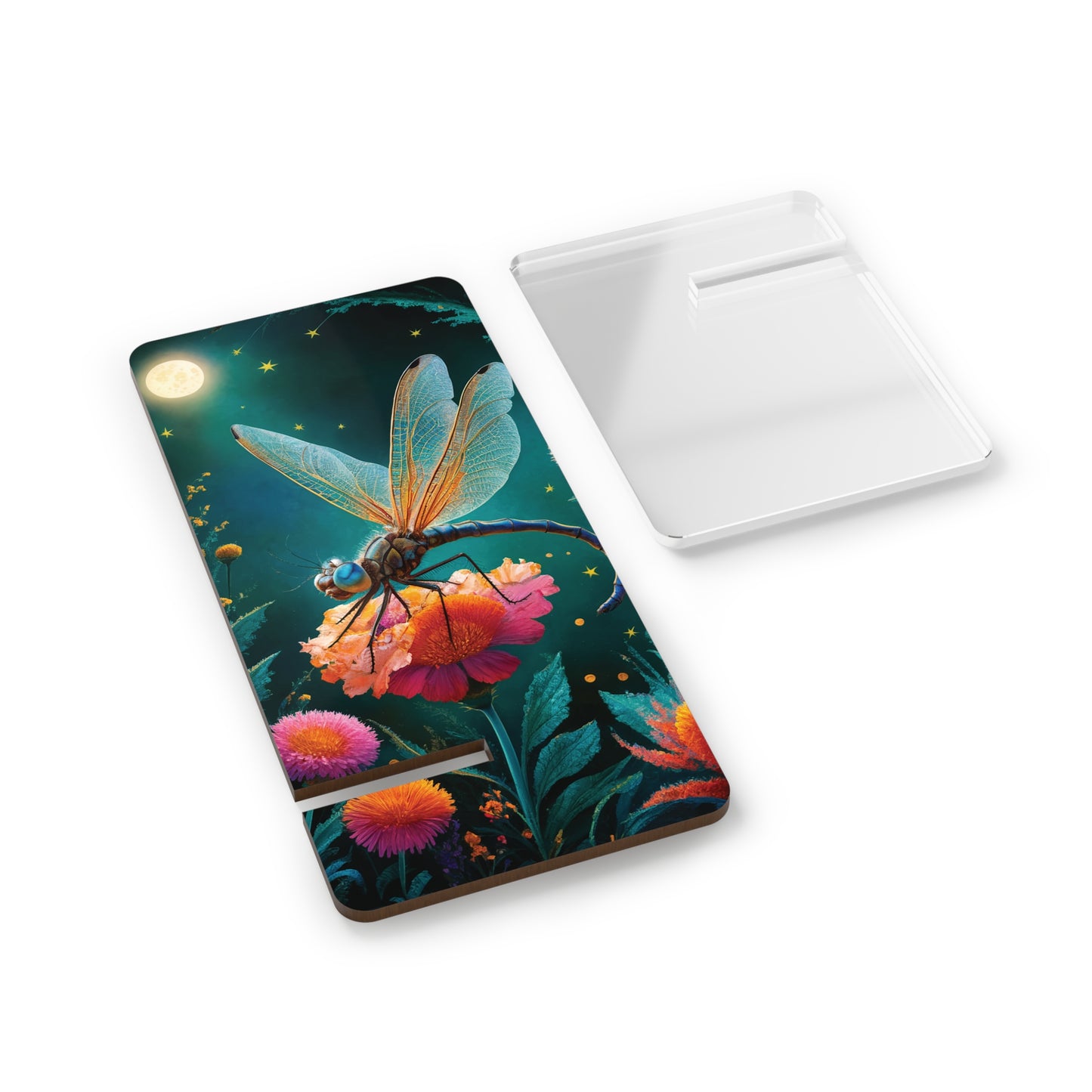 Moonlit Serenity: Dragonfly on a Flower - Display Stand for Smartphones