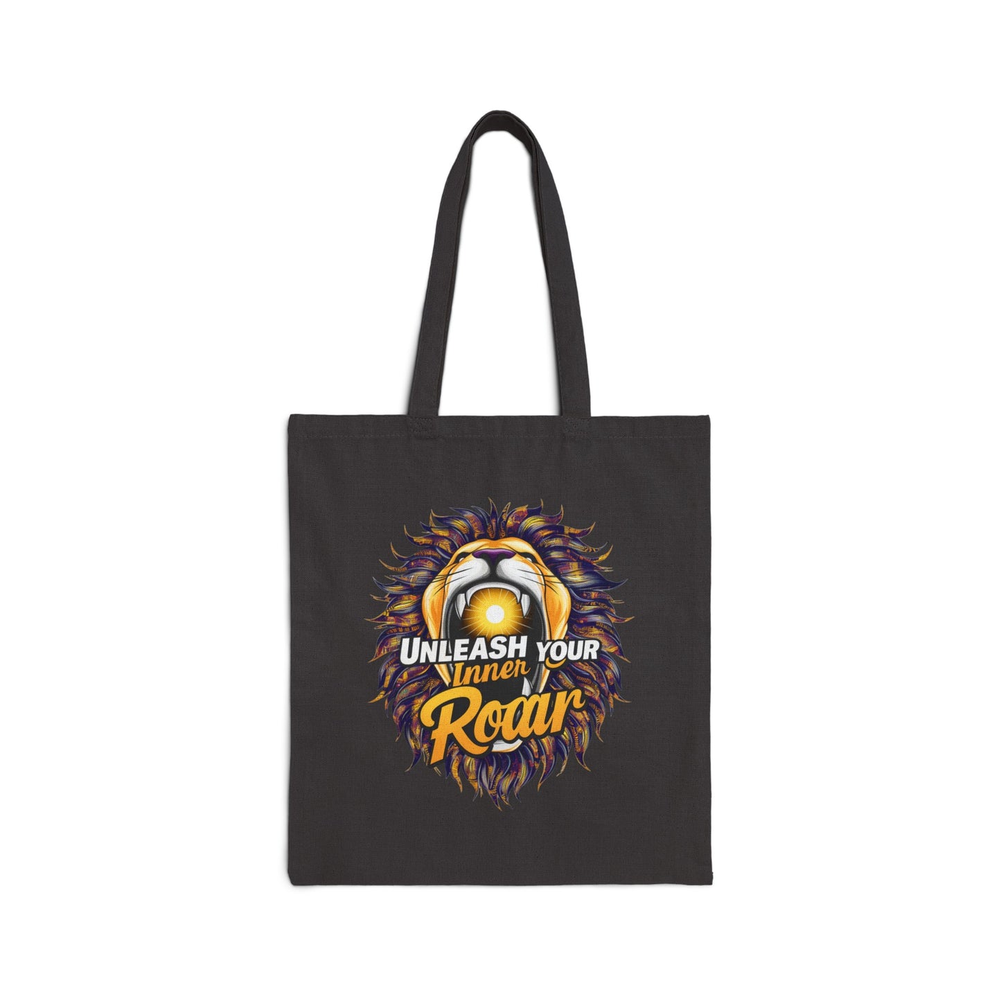 "Unleash your Inner Roar" Lion - Cotton Canvas Tote Bag, featuring a kaleidoscope of colors.