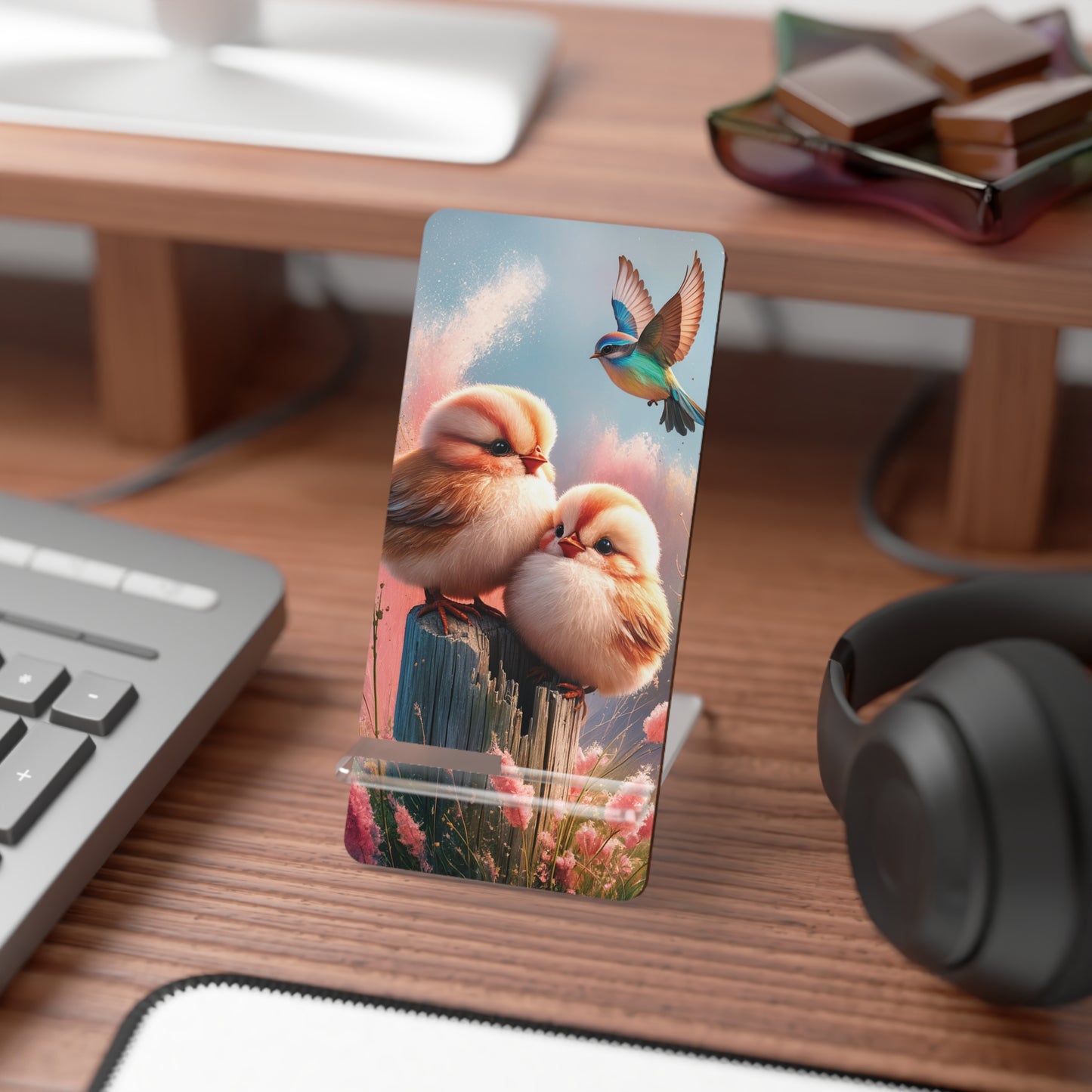 Perch-fect Pair: Double the Fluff, Double the Tweet - Display Stand for Smartphones