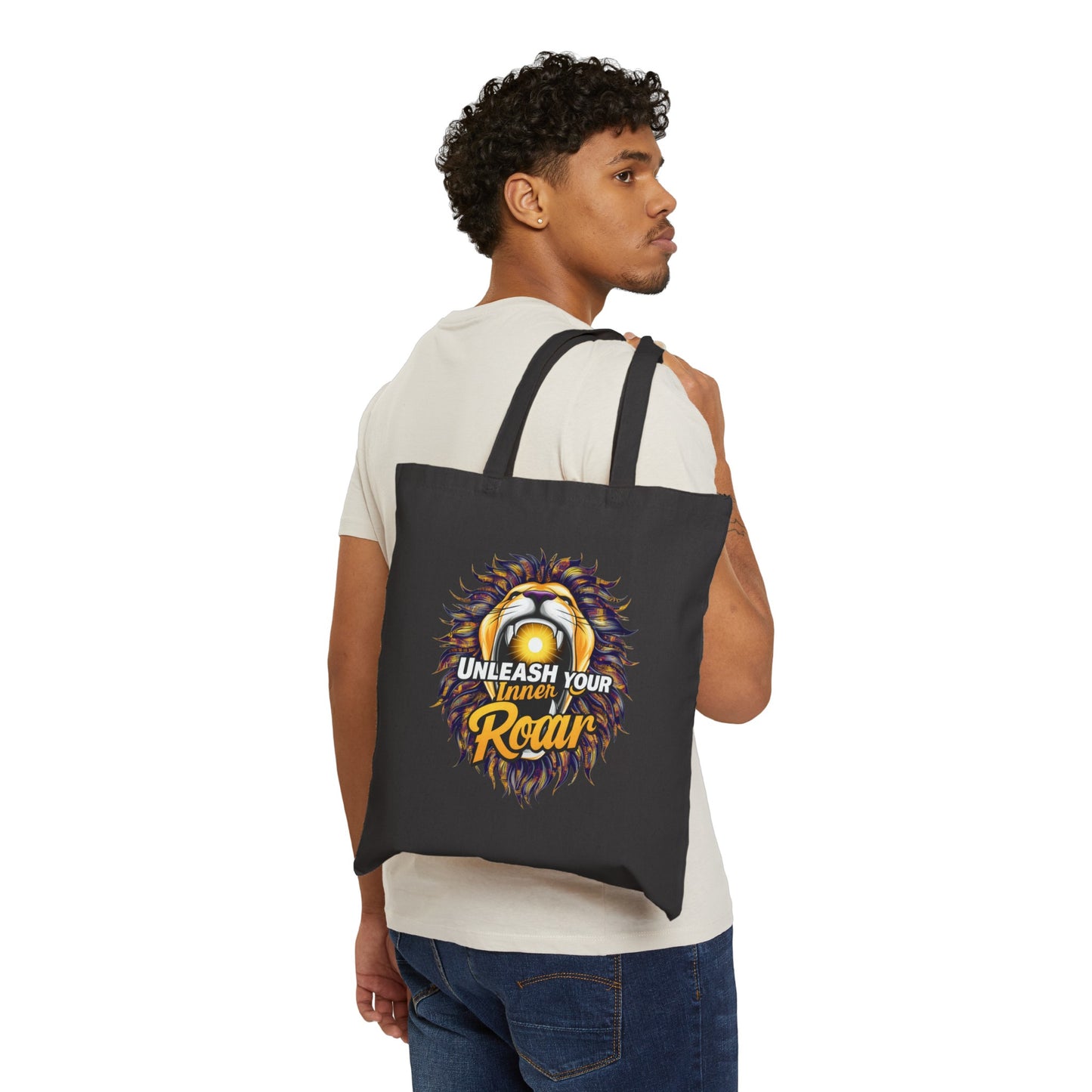 "Unleash your Inner Roar" Lion - Cotton Canvas Tote Bag, featuring a kaleidoscope of colors.