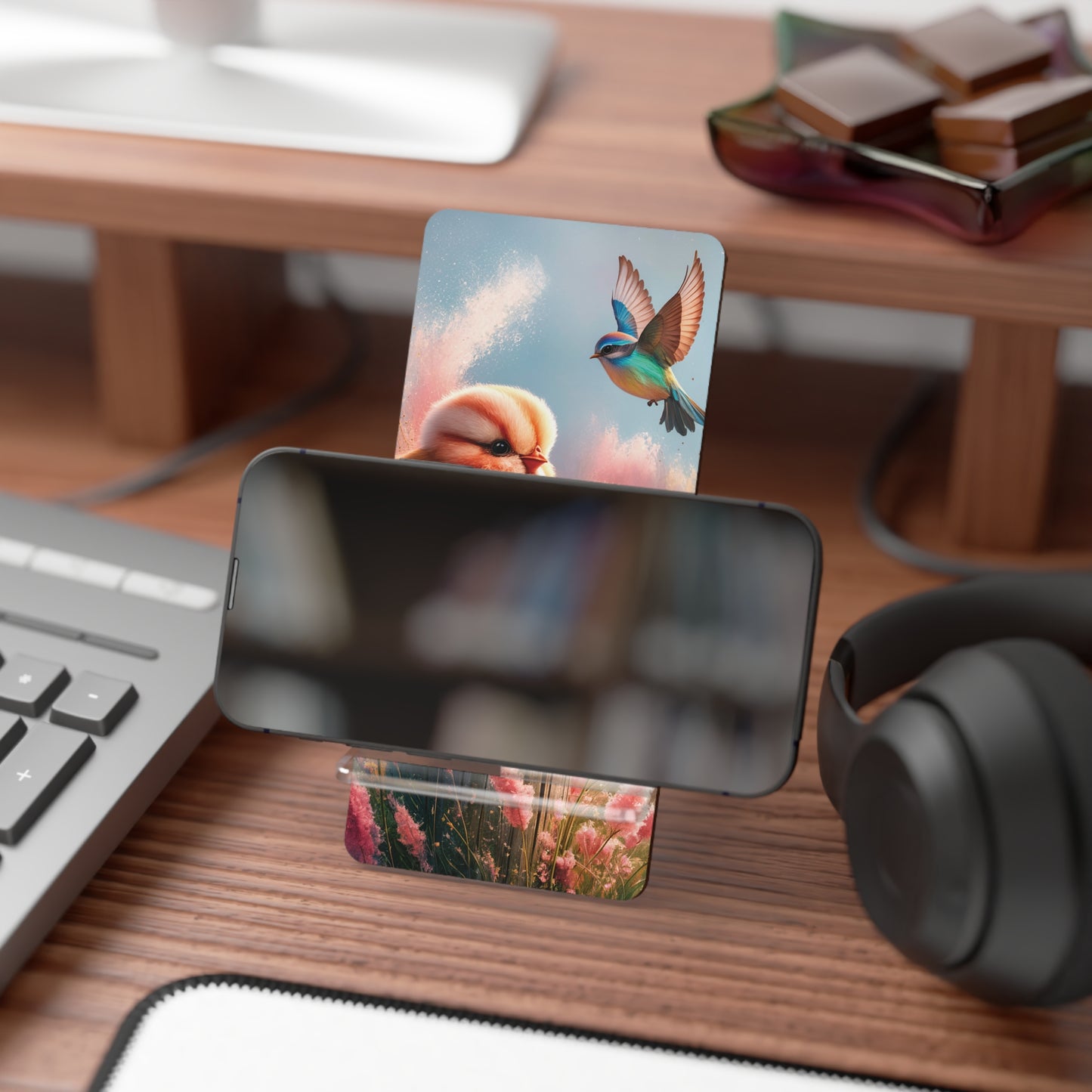 Perch-fect Pair: Double the Fluff, Double the Tweet - Display Stand for Smartphones