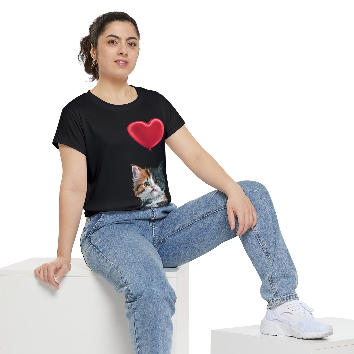 "Red Balloon Cat Version" - Women's Short Sleeve Shirt (AOP) in Black