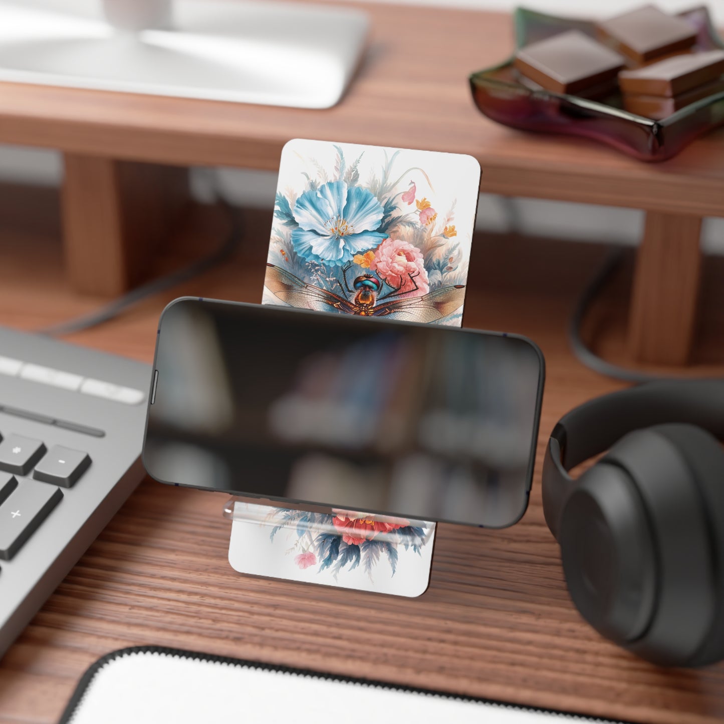 Serene Wings: Dragonfly Amidst Pastel Florals - Display Stand for Smartphones
