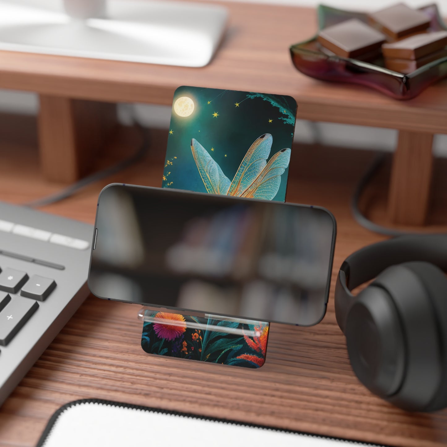 Moonlit Serenity: Dragonfly on a Flower - Display Stand for Smartphones