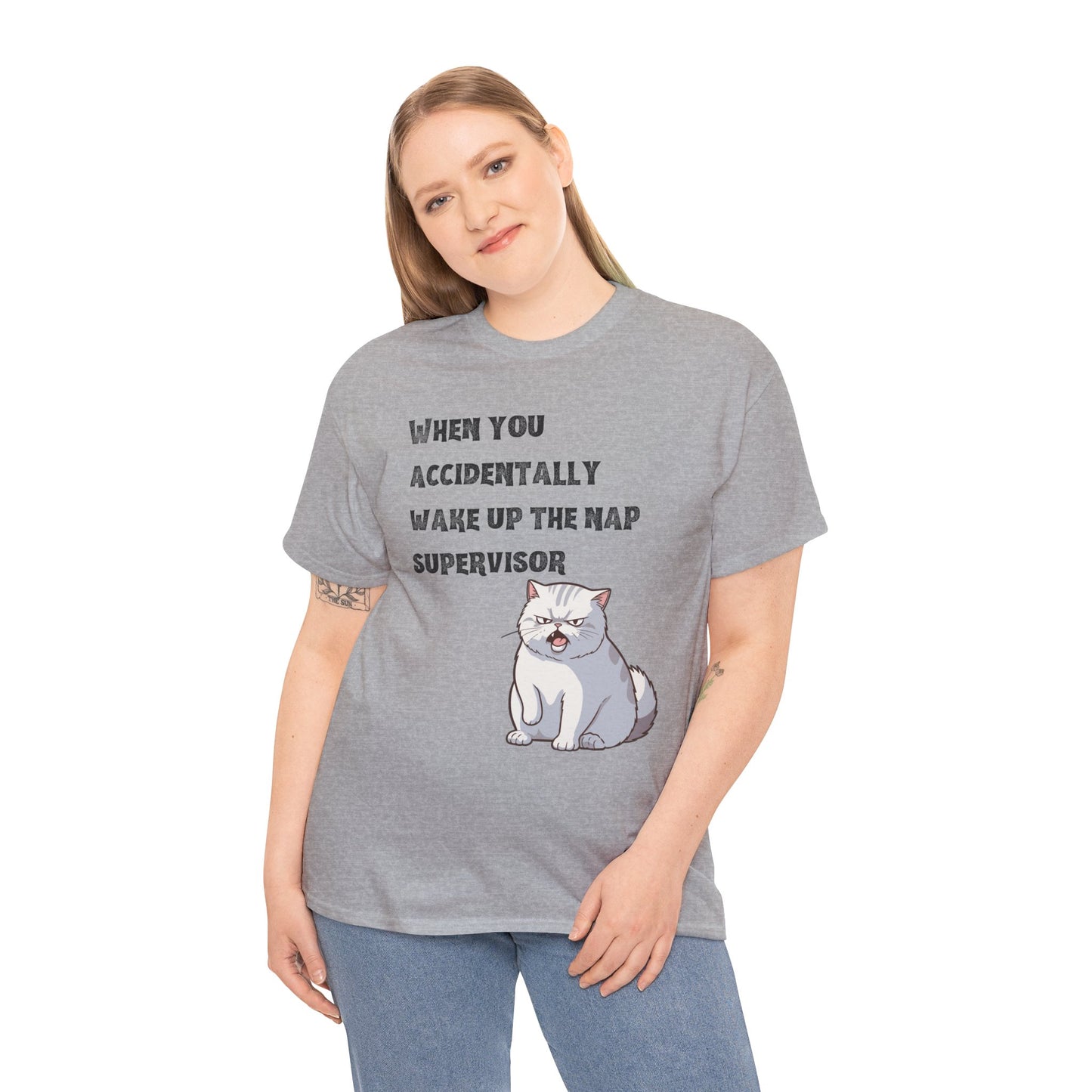 "When you accidentally wake up the nap supervisor" Cat Meme - Unisex Cotton Tee