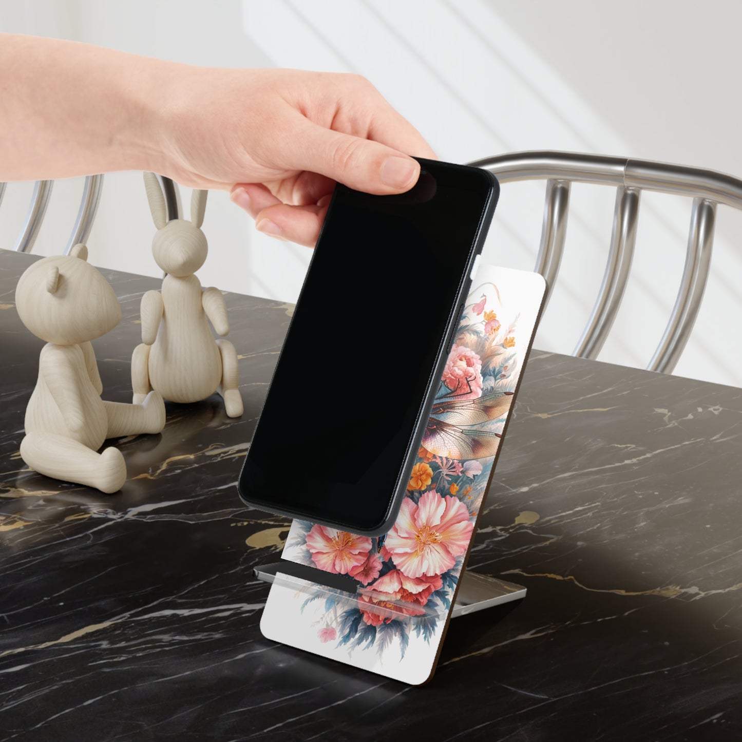 Serene Wings: Dragonfly Amidst Pastel Florals - Display Stand for Smartphones
