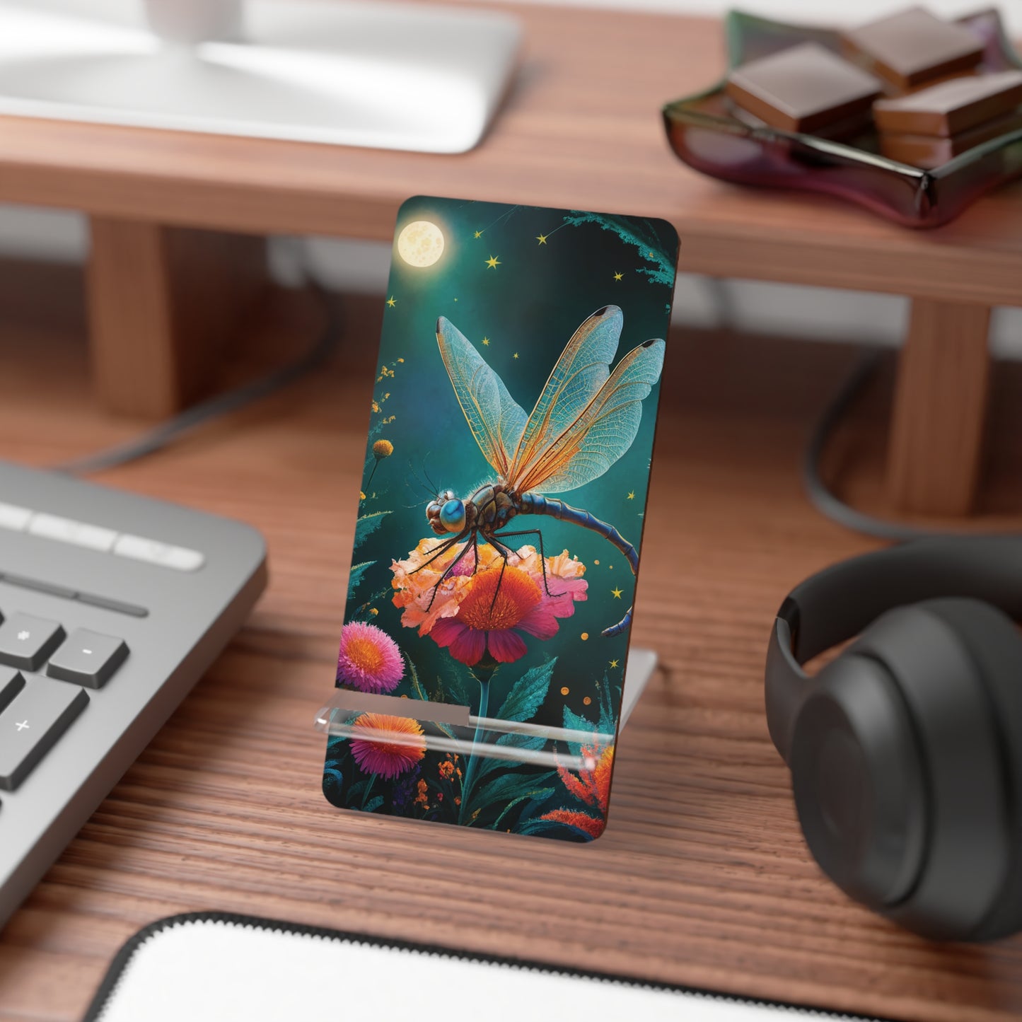 Moonlit Serenity: Dragonfly on a Flower - Display Stand for Smartphones