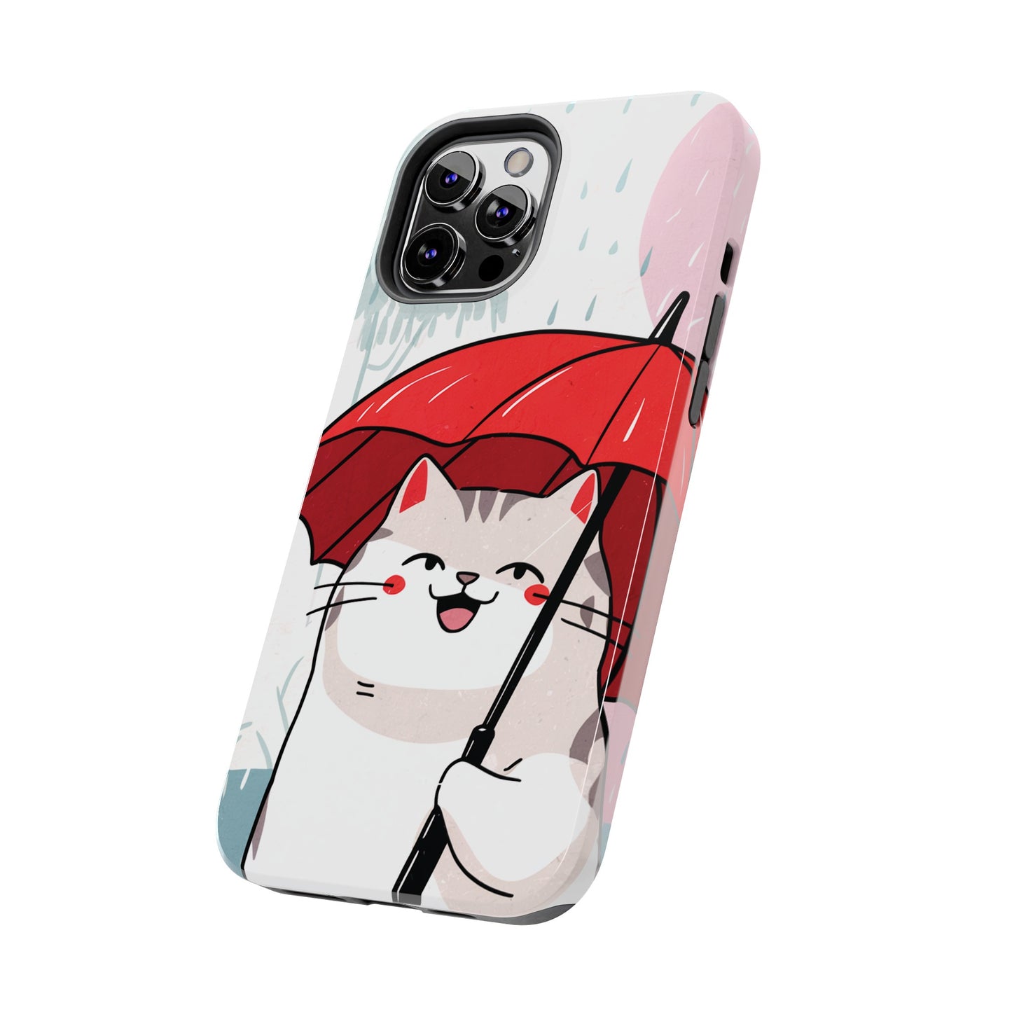 Rainy Day Whiskers: Cartoon Cat with Red Umbrella - Tough Phone Cases