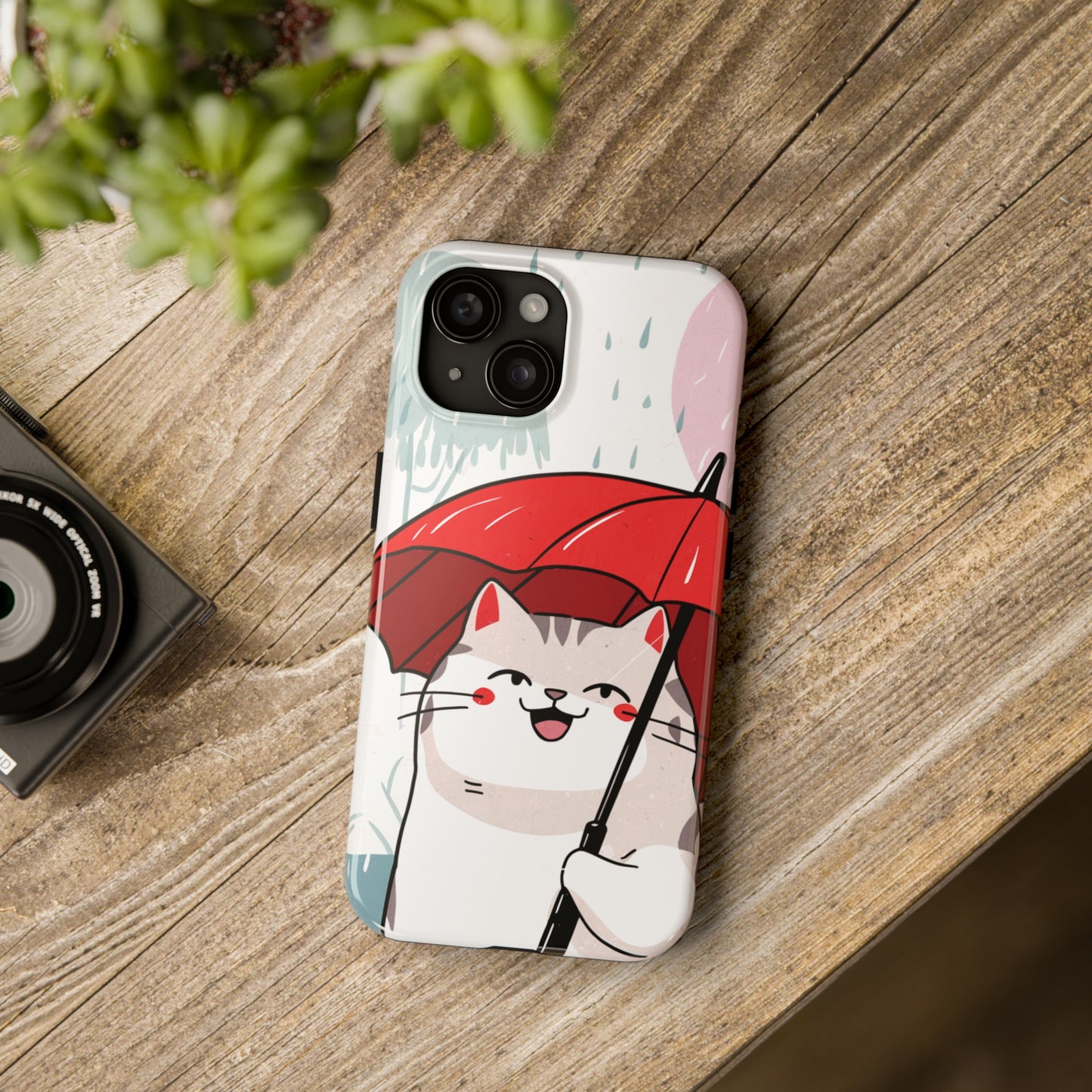 Rainy Day Whiskers: Cartoon Cat with Red Umbrella - Tough Phone Cases