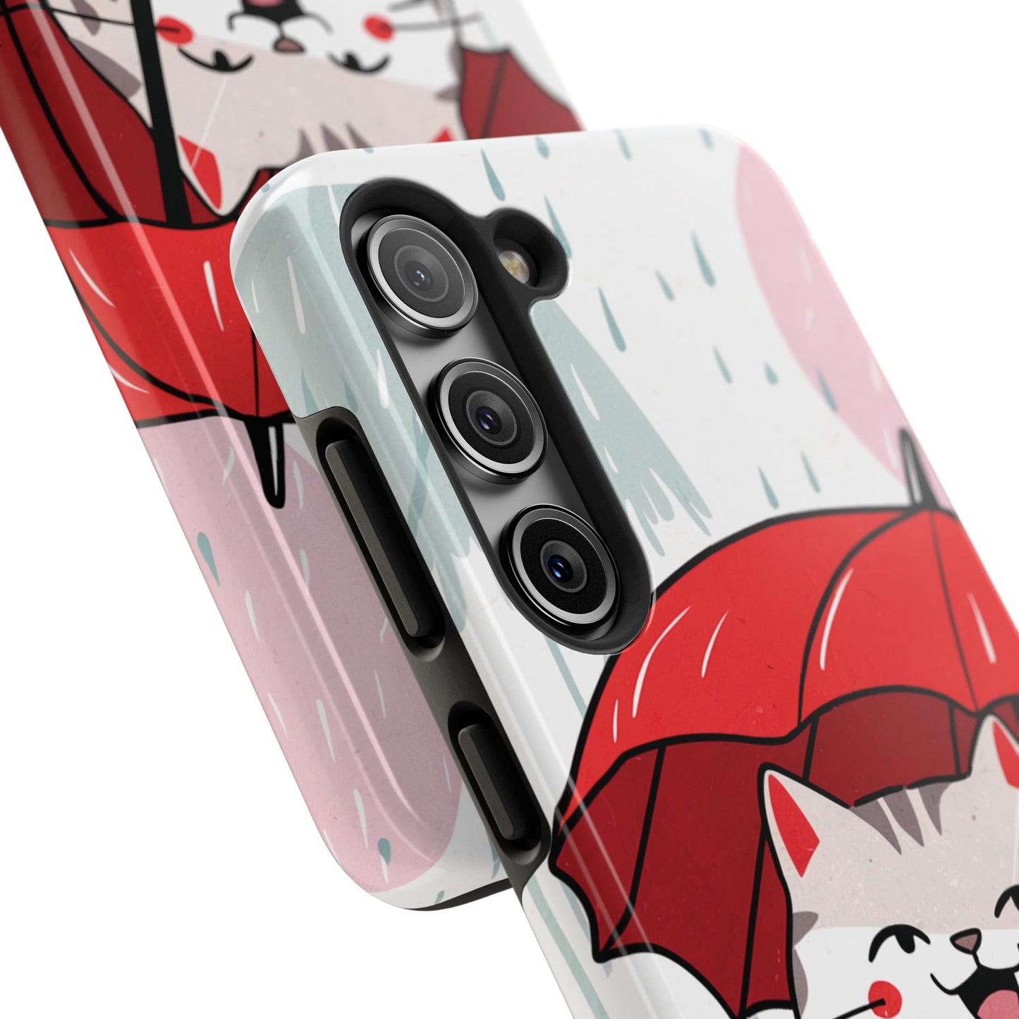 Rainy Day Whiskers: Cartoon Cat with Red Umbrella - Tough Phone Cases