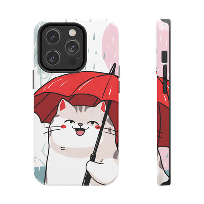 Rainy Day Whiskers: Cartoon Cat with Red Umbrella - Tough Phone Cases