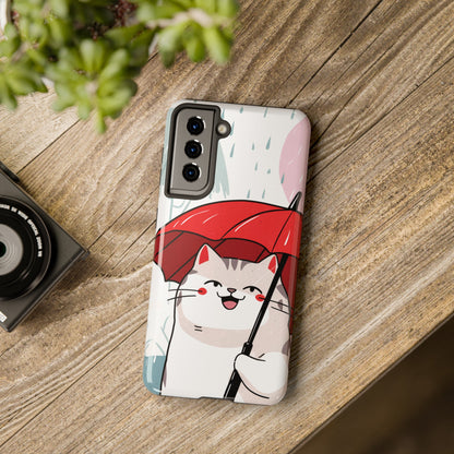 Rainy Day Whiskers: Cartoon Cat with Red Umbrella - Tough Phone Cases