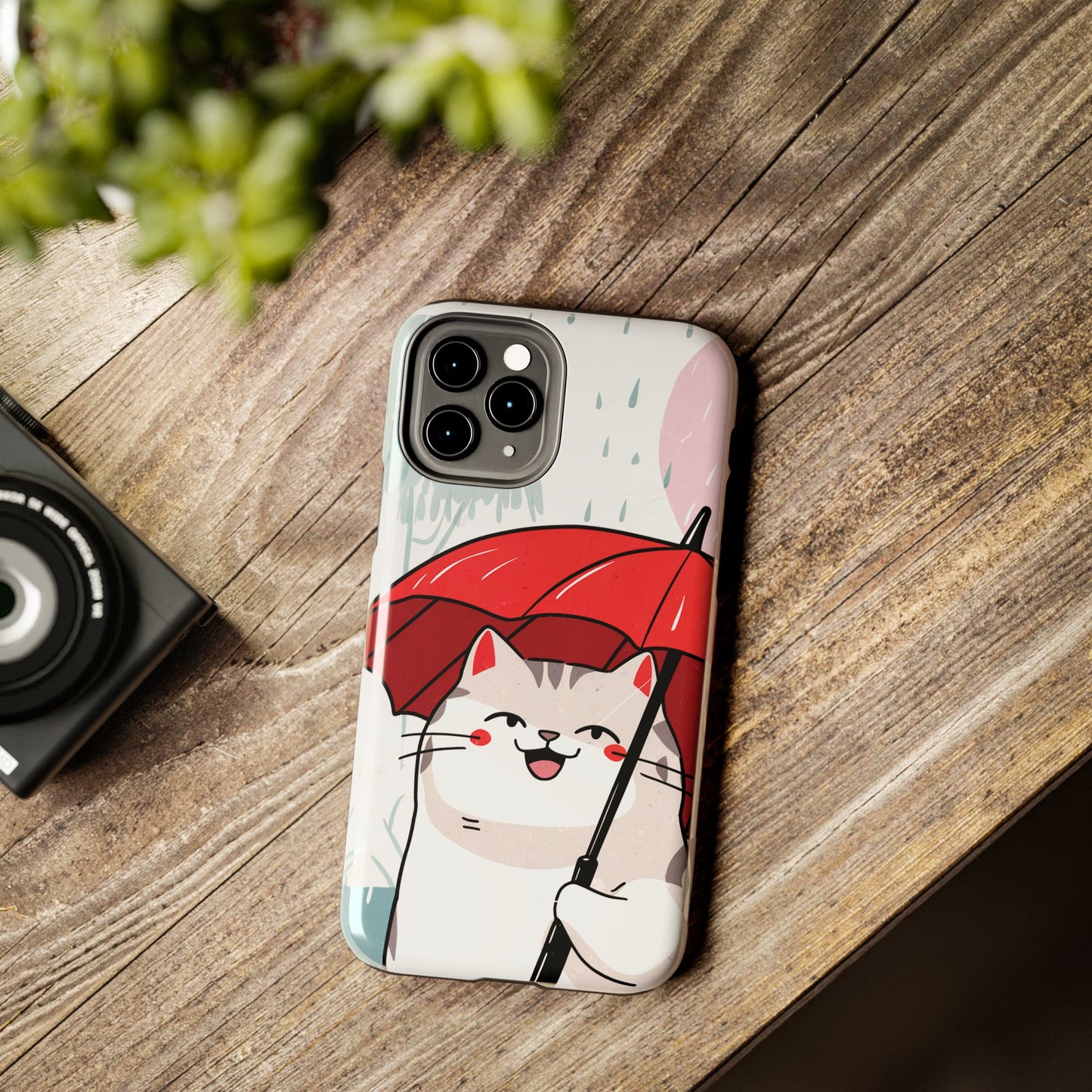 Rainy Day Whiskers: Cartoon Cat with Red Umbrella - Tough Phone Cases