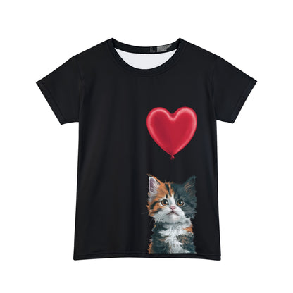 "Red Balloon Cat Version" - Women's Short Sleeve Shirt (AOP) in Black