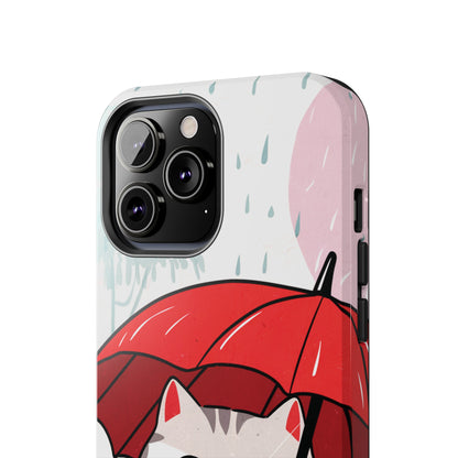 Rainy Day Whiskers: Cartoon Cat with Red Umbrella - Tough Phone Cases