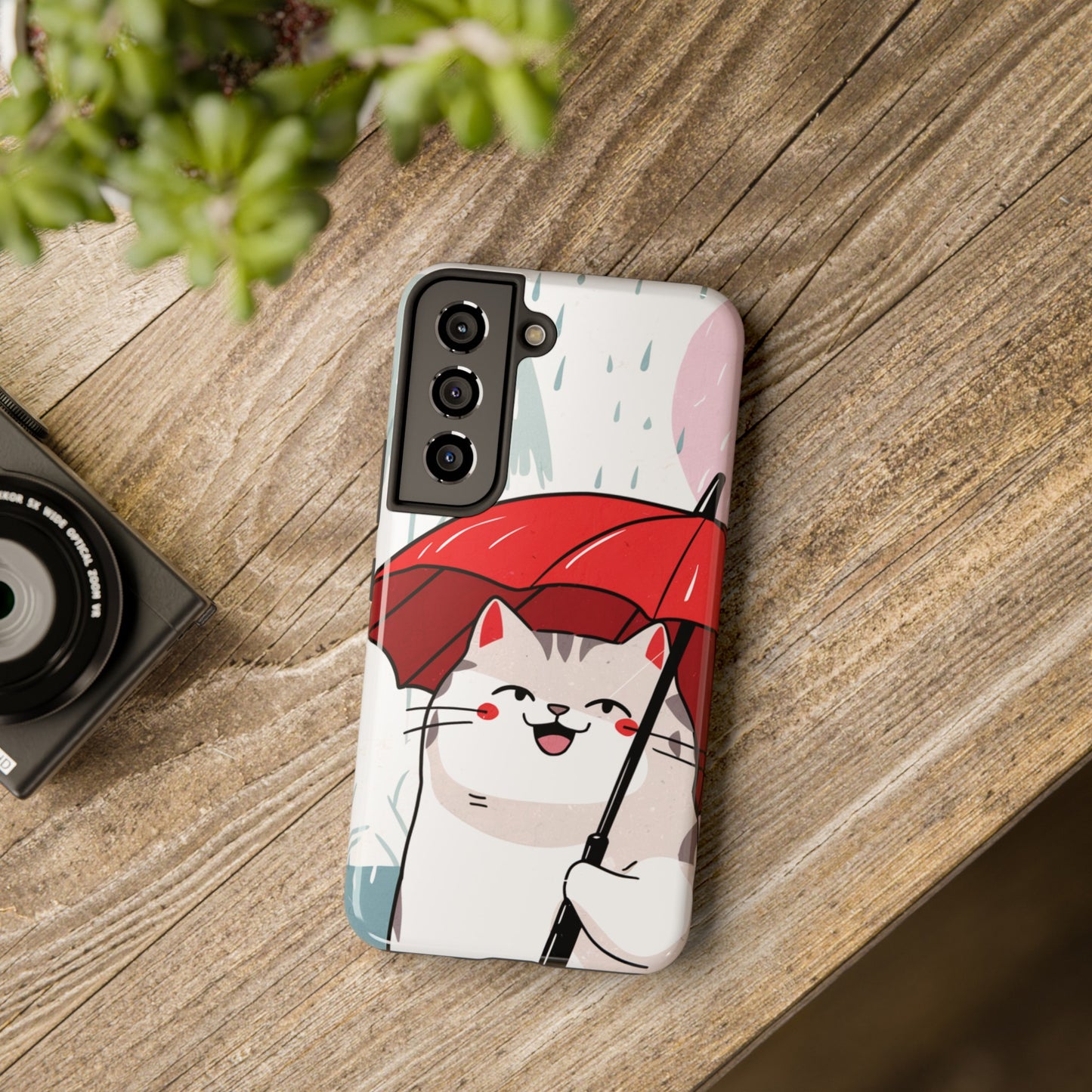 Rainy Day Whiskers: Cartoon Cat with Red Umbrella - Tough Phone Cases