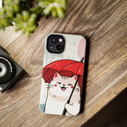 Rainy Day Whiskers: Cartoon Cat with Red Umbrella - Tough Phone Cases