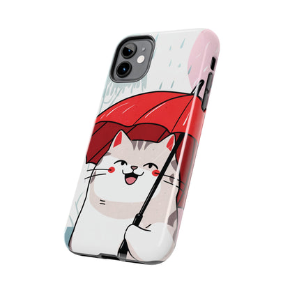 Rainy Day Whiskers: Cartoon Cat with Red Umbrella - Tough Phone Cases