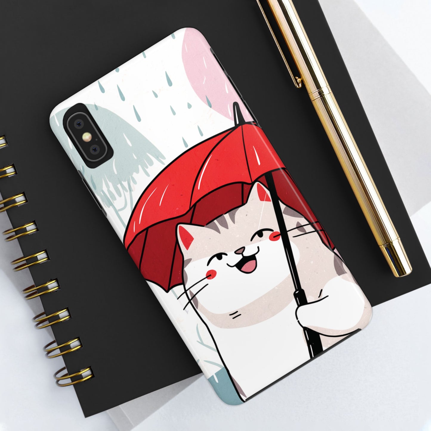 Rainy Day Whiskers: Cartoon Cat with Red Umbrella - Tough Phone Cases