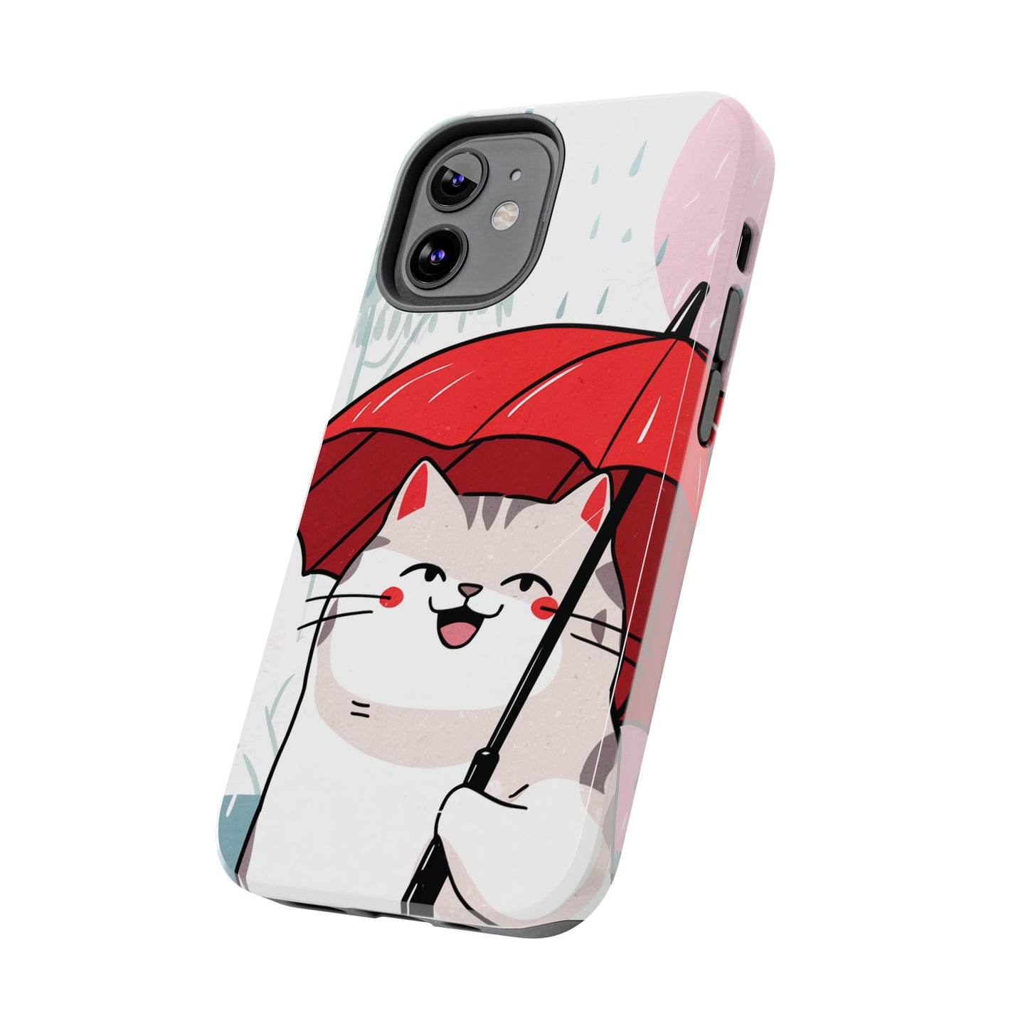 Rainy Day Whiskers: Cartoon Cat with Red Umbrella - Tough Phone Cases