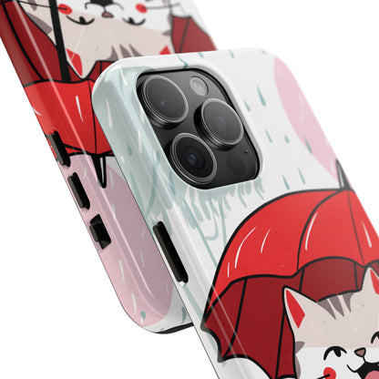 Rainy Day Whiskers: Cartoon Cat with Red Umbrella - Tough Phone Cases