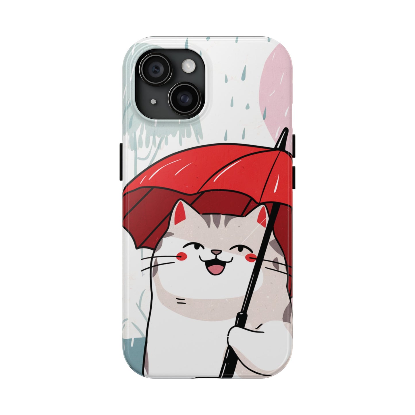 Rainy Day Whiskers: Cartoon Cat with Red Umbrella - Tough Phone Cases