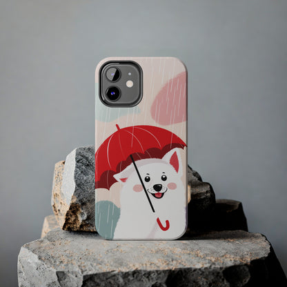 Rainy Day Ruff: Cartoon Dog with Red Pawrella - Tough Phone Cases