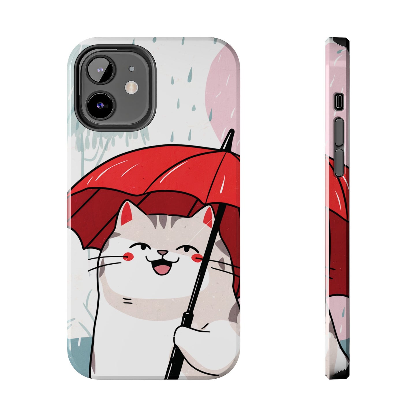 Rainy Day Whiskers: Cartoon Cat with Red Umbrella - Tough Phone Cases