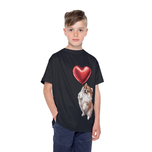 "Red Balloon Pomeranian Version" - Kids Sports Jersey (AOP) in Black