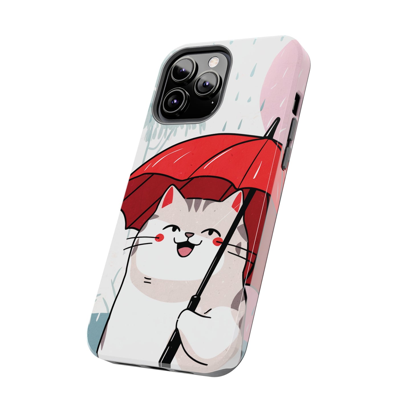 Rainy Day Whiskers: Cartoon Cat with Red Umbrella - Tough Phone Cases