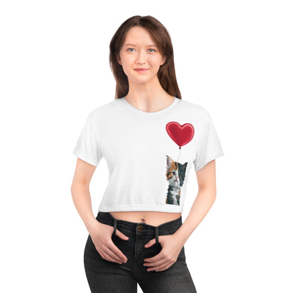 "Red Balloon Cat Version" - Crop Tee in White