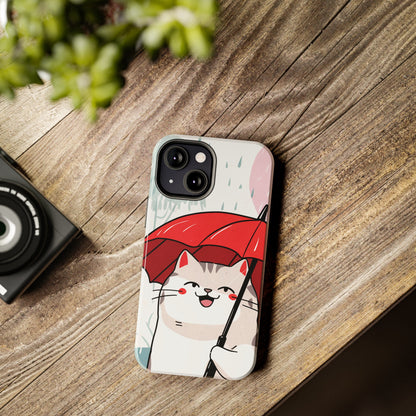 Rainy Day Whiskers: Cartoon Cat with Red Umbrella - Tough Phone Cases