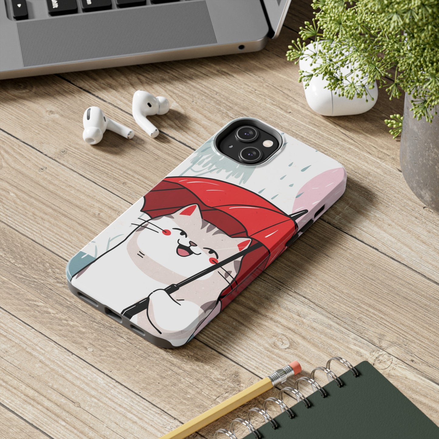 Rainy Day Whiskers: Cartoon Cat with Red Umbrella - Tough Phone Cases