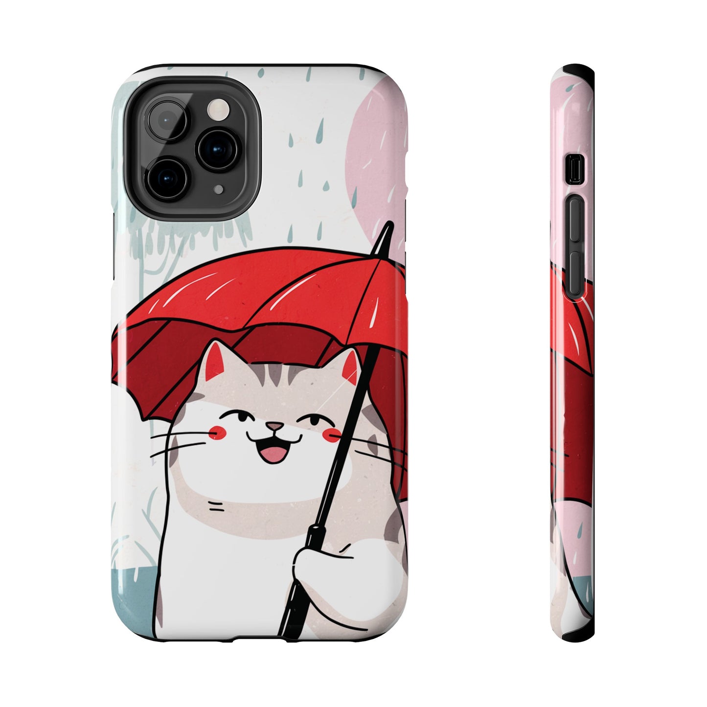 Rainy Day Whiskers: Cartoon Cat with Red Umbrella - Tough Phone Cases