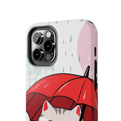 Rainy Day Whiskers: Cartoon Cat with Red Umbrella - Tough Phone Cases