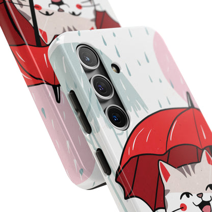 Rainy Day Whiskers: Cartoon Cat with Red Umbrella - Tough Phone Cases