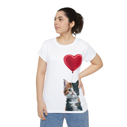 "Red Balloon Cat Version" - Women's Short Sleeve Shirt (AOP) in White