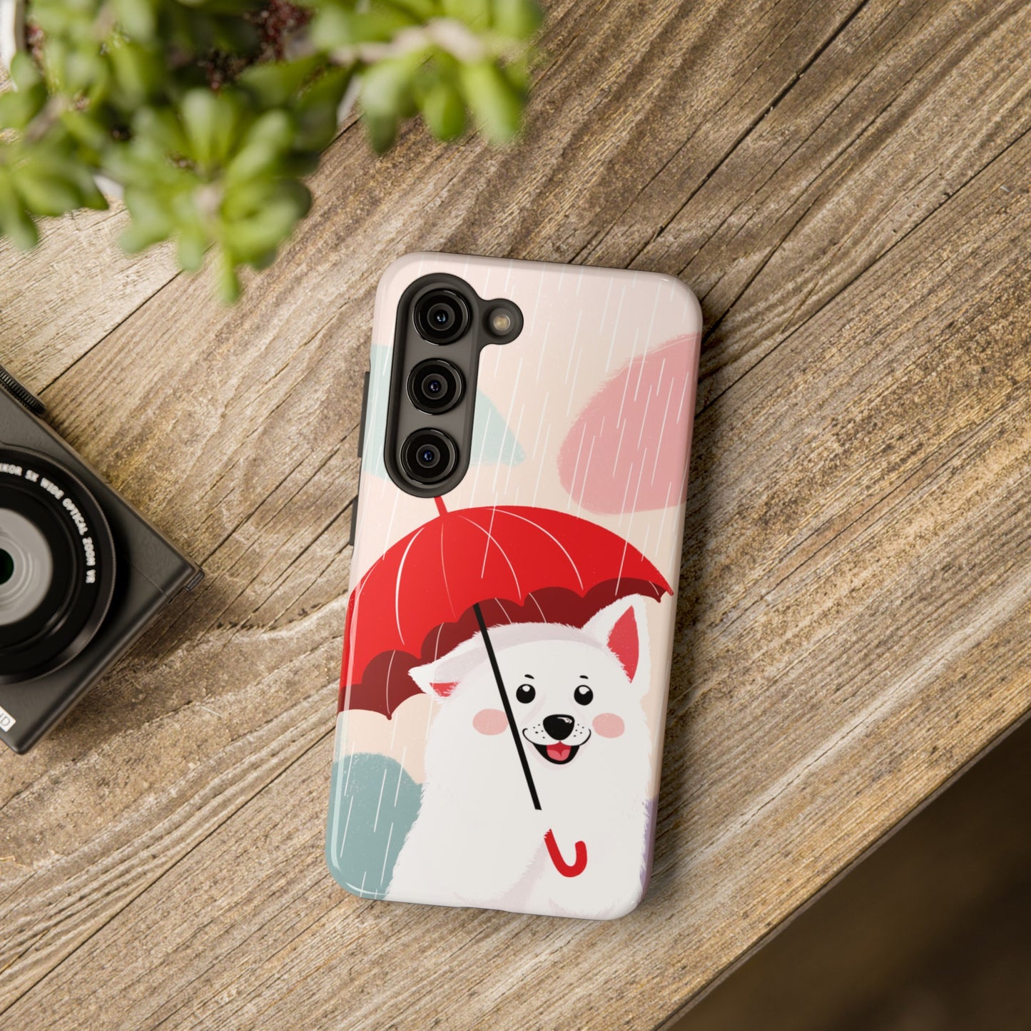 Rainy Day Ruff: Cartoon Dog with Red Pawrella - Tough Phone Cases