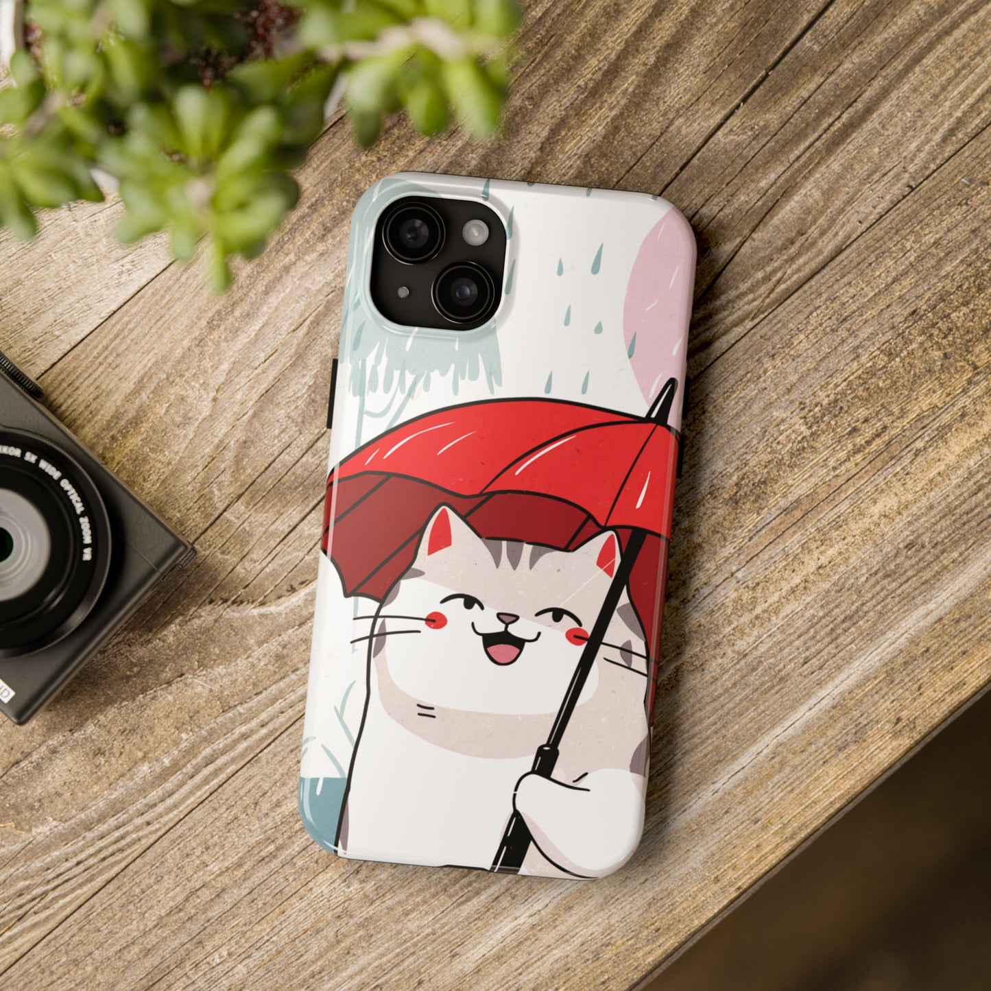 Rainy Day Whiskers: Cartoon Cat with Red Umbrella - Tough Phone Cases