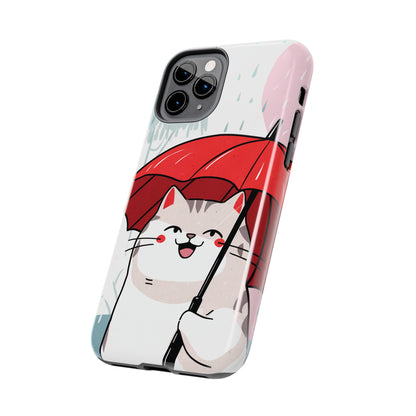 Rainy Day Whiskers: Cartoon Cat with Red Umbrella - Tough Phone Cases