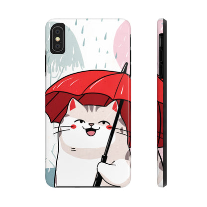 Rainy Day Whiskers: Cartoon Cat with Red Umbrella - Tough Phone Cases