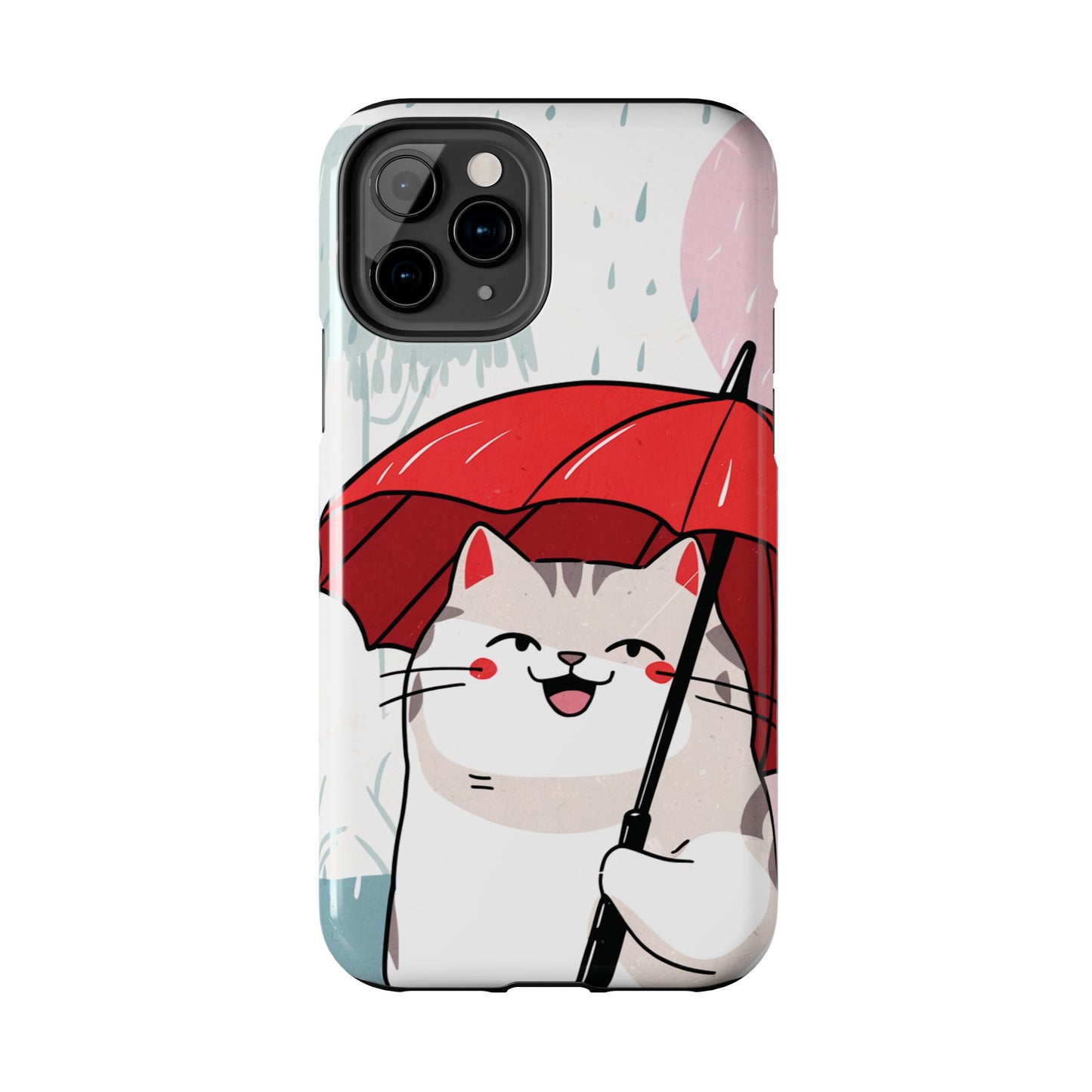 Rainy Day Whiskers: Cartoon Cat with Red Umbrella - Tough Phone Cases