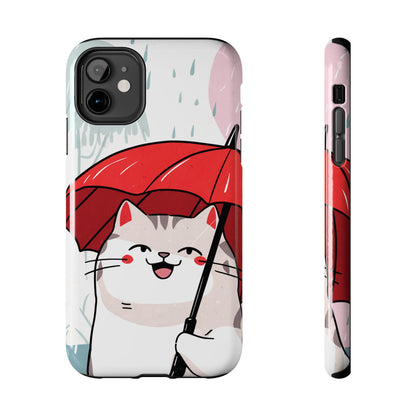 Rainy Day Whiskers: Cartoon Cat with Red Umbrella - Tough Phone Cases