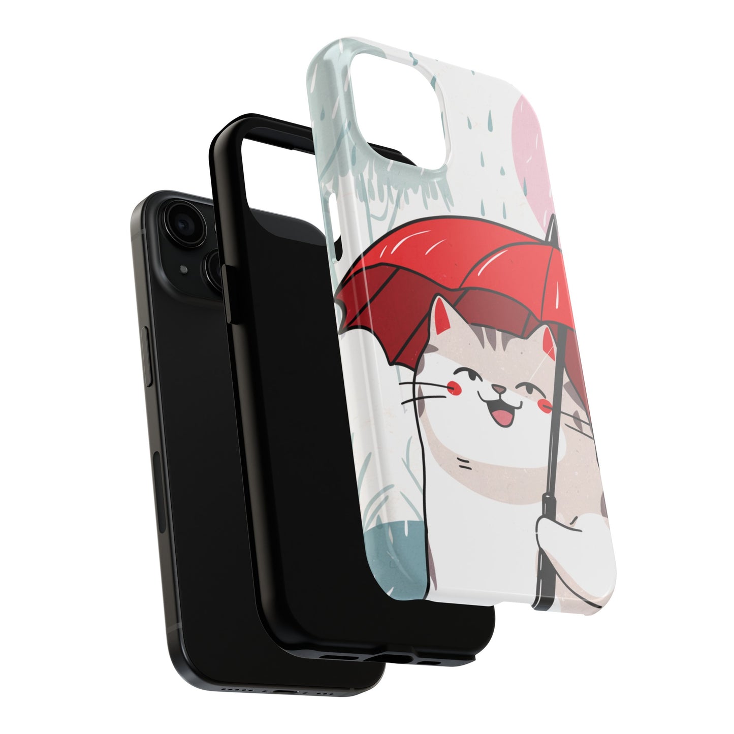 Rainy Day Whiskers: Cartoon Cat with Red Umbrella - Tough Phone Cases