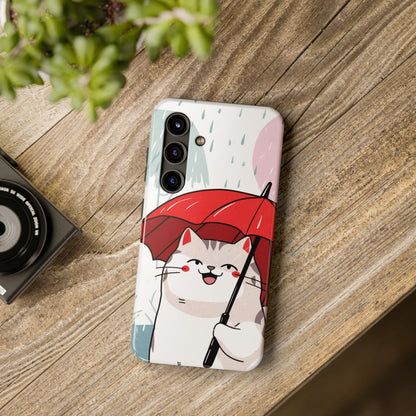 Rainy Day Whiskers: Cartoon Cat with Red Umbrella - Tough Phone Cases