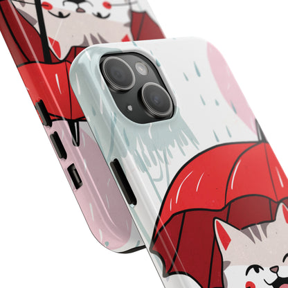 Rainy Day Whiskers: Cartoon Cat with Red Umbrella - Tough Phone Cases